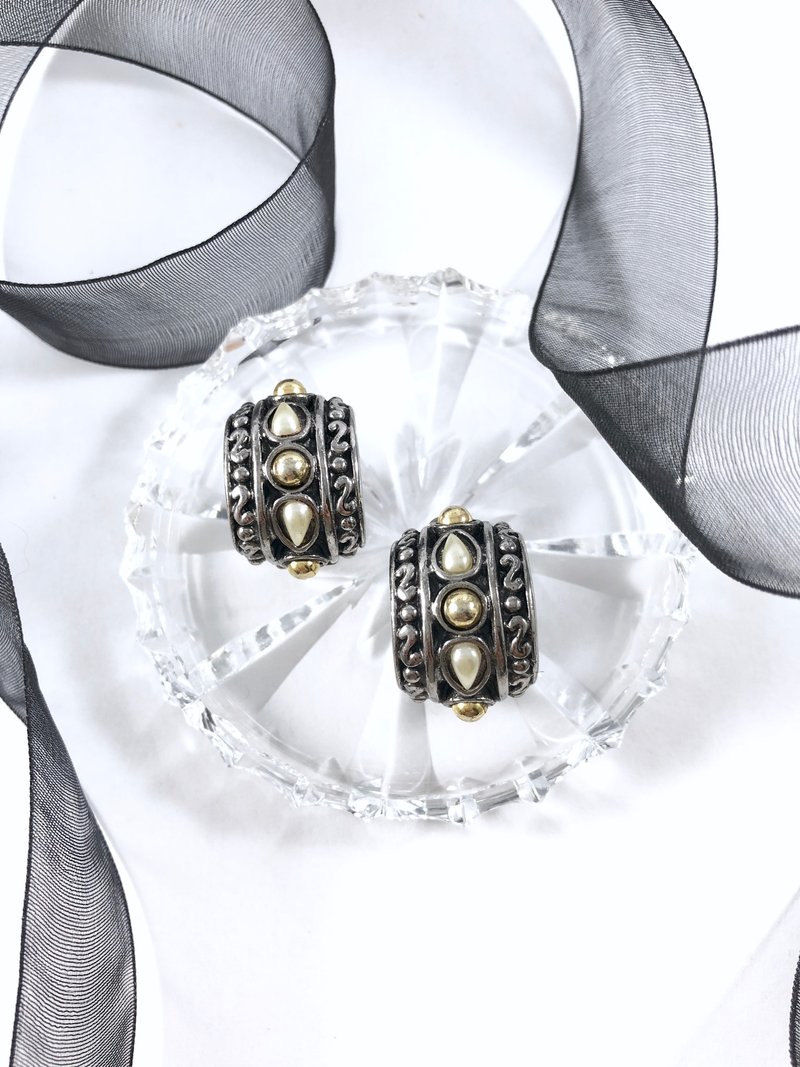 Vintage 80s Muti-Metal Half Hoop Earrings - 耳環/耳夾/耳骨夾 - 銀 銀色