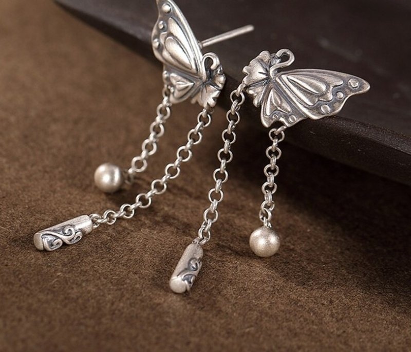 Thai Silver Butterfly Earrings for Women Ethnic Tassels Earrings 925 Silver - 耳環/耳夾/耳骨夾 - 純銀 銀色