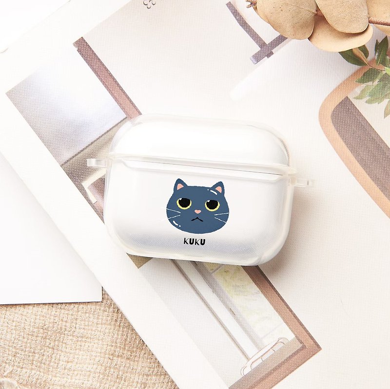 [Customizable text] World-weary blue cat Airpods / Pro - Headphones & Earbuds Storage - Plastic 
