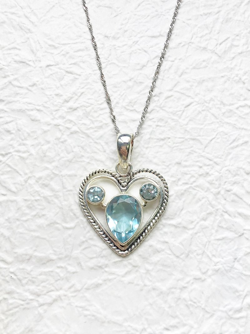 Blue Topaz 925 sterling silver heart necklace Mickey Indian hand-made mosaic - Necklaces - Gemstone Blue