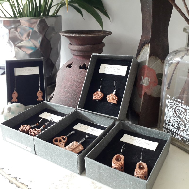 桃木木刻925純銀鍍白金耳環糸列 附禮盒 - 耳環/耳夾/耳骨夾 - 木頭 咖啡色