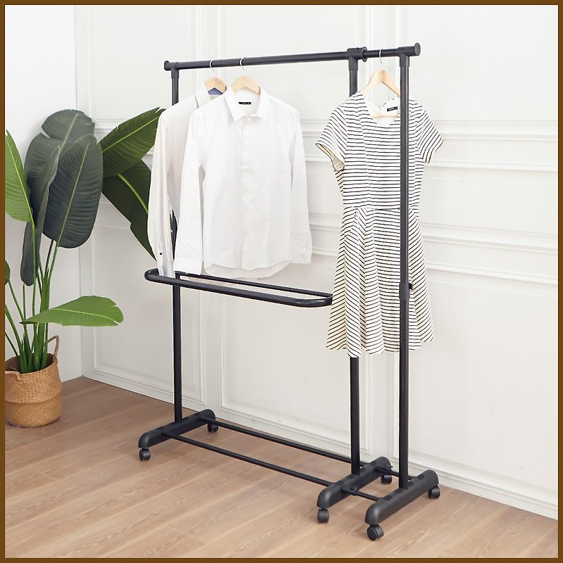 【ikloo】Single-layer double-bar multi-functional telescopic clothes drying rack (black and white) - Hangers & Hooks - Other Metals 