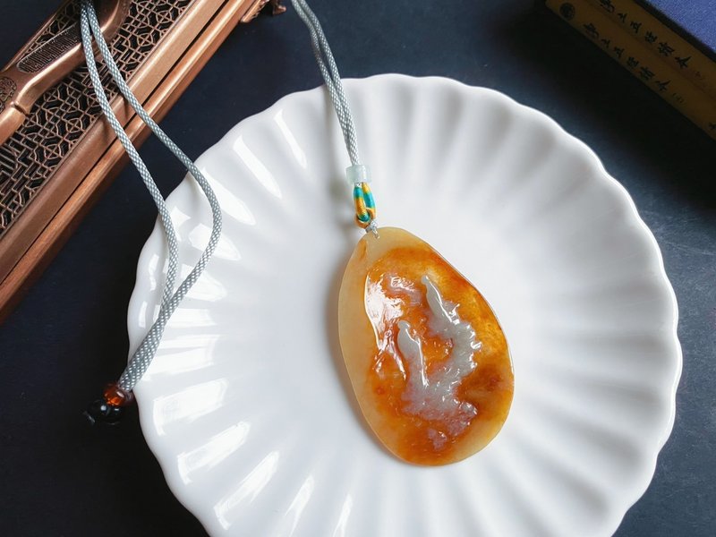 天然緬甸玉翡翠 黃翡 手工雕 禪 悟道 隨行 項鍊 翡翠原皮 禮物 - 項鍊 - 玉石 黃色