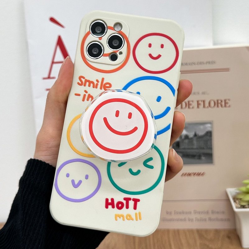 Smiling Colorful iPhone16/15/14/13/12/ Anti-fall Beige Cover Phone Case Tok Set - 手機殼/手機套 - 矽膠 咖啡色