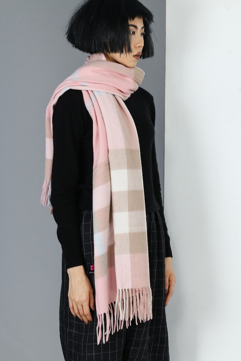 【現貨】粗紡純羊毛圍巾粉格披肩加厚加寬 - 圍巾/披肩 - 羊毛 粉紅色