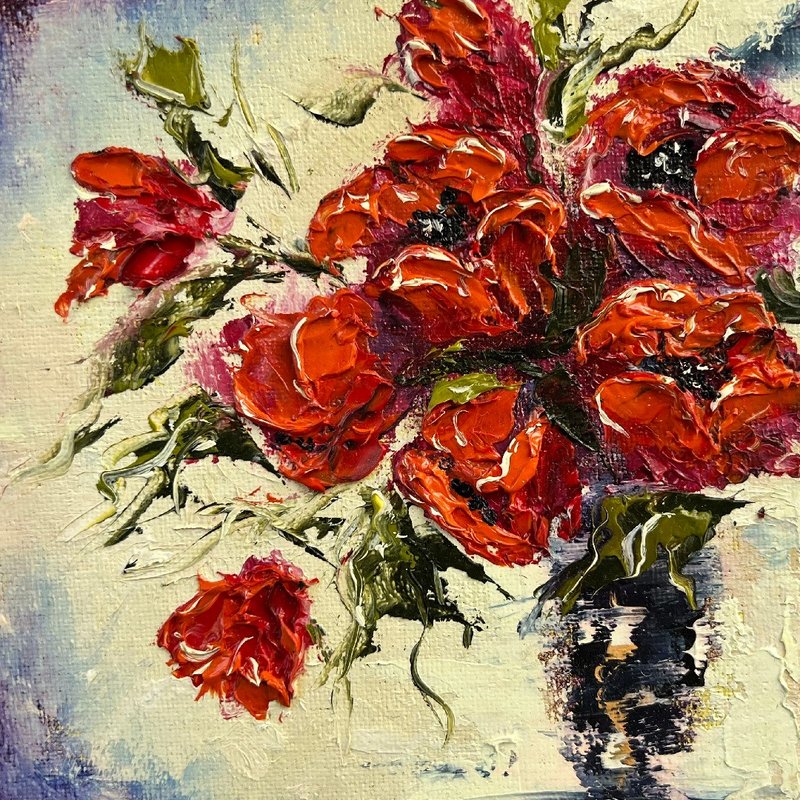 Poppy Painting Floral Original Art 15x15 cm/ 6x6 in. 用鮮花作畫, 手繪油畫, 手工禮物 - 海報/掛畫/掛布 - 棉．麻 多色