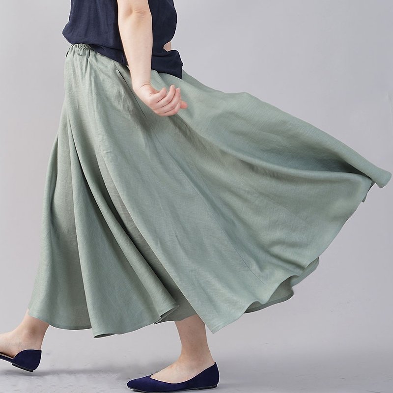 wafu - 純亞麻長裙 Lightweight Linen Flare Skirt / Sage s002f-snz1 - Skirts - Linen Green