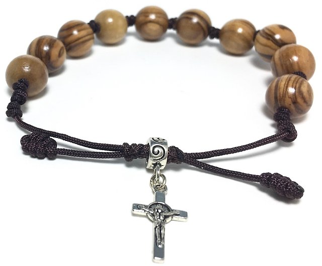 Handmade Rosary Bracelet Olive Wood with White Wood Beads and Blue Cross Made with Love :