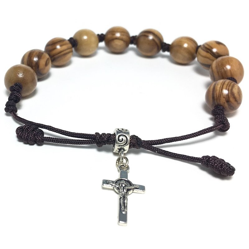 Israel imported olive wood rosary bracelet 12mm cross with bitter image of Jesus 8251215 - Bracelets - Wood Brown