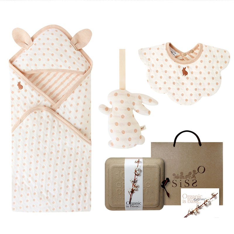 【SISSO有機棉】奶茶QQ兔二重織空氣棉包巾圍兜禮盒 - 彌月禮盒 - 棉．麻 白色