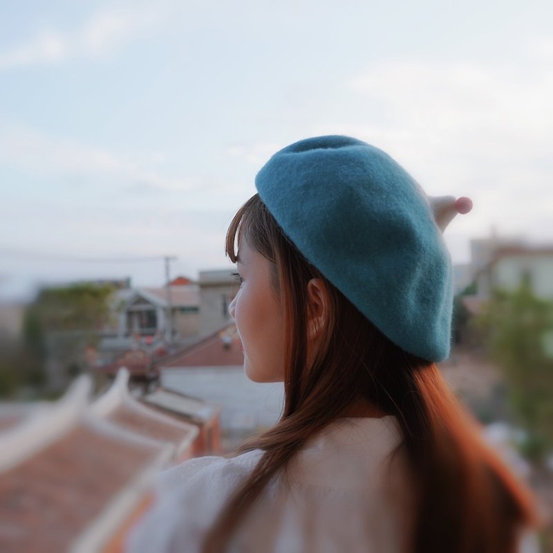 鹿栗塔手工羊毛氈帽子秋冬日本富士山畫家帽貝雷帽客製大頭可戴 - 帽子 - 羊毛 藍色