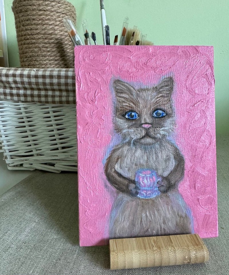 picture Cat on a pink background.  oil painting - 壁貼/牆壁裝飾 - 其他材質 多色