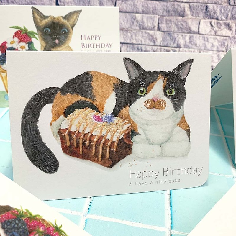 貓與甜點生日卡片 | 三色貓 | 巧克力蛋糕 |慶生 | 賀卡 | 插畫 - 卡片/明信片 - 紙 白色