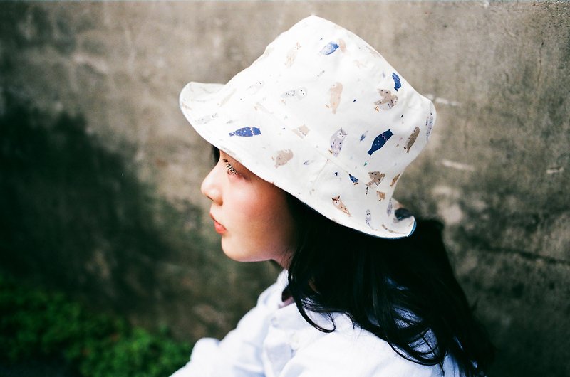 Summer double fisherman hat series | hey owl - หมวก - ผ้าฝ้าย/ผ้าลินิน สีน้ำเงิน