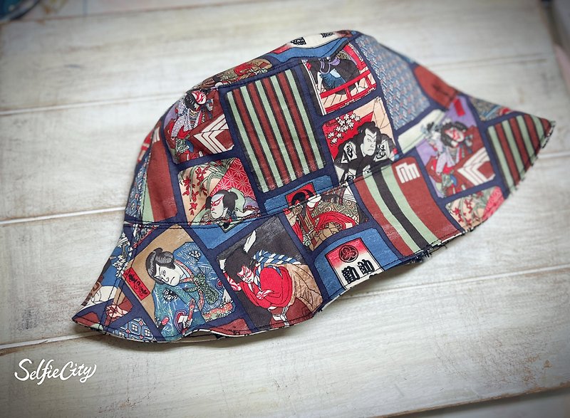 和風日本武士 復古商標圖紋 雙面漁夫帽 遮陽帽 - 帽子 - 棉．麻 多色