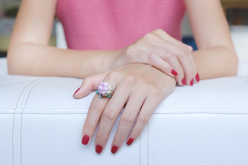Hydrangea Pink Ring , Flower Ring - 戒指 - 其他金屬 粉紅色