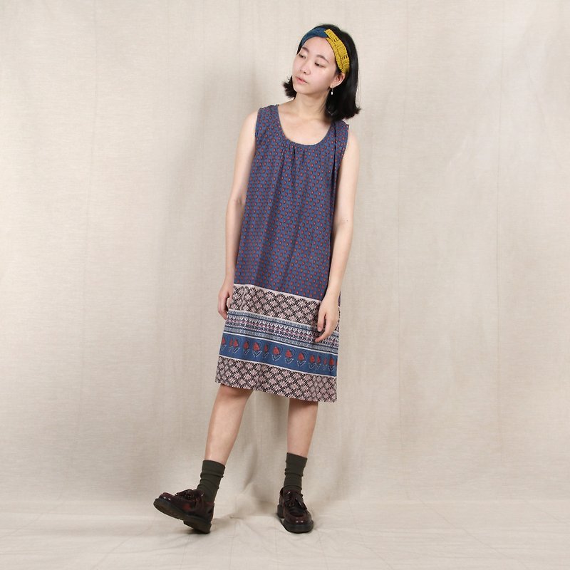 [Egg plant ancient] printing and dyeing girls cotton sleeveless dress - One Piece Dresses - Cotton & Hemp Blue