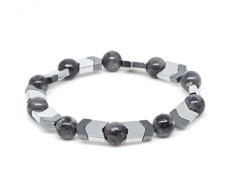 Black Labradorite w Silver Hematite Arrows Elastic Stretchy Bracelet | Larvikite - 手鍊/手鐲 - 寶石 銀色