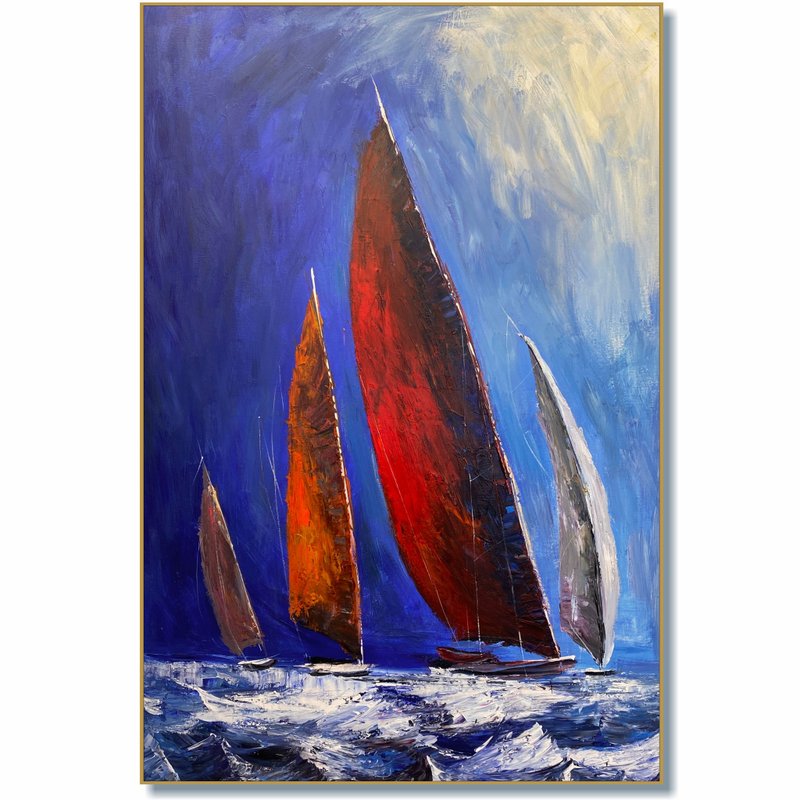 Large Abstract Nautical Canvas Bold Red and Blue Sailboats Art  Modern Ocean - ตกแต่งผนัง - อะคริลิค หลากหลายสี