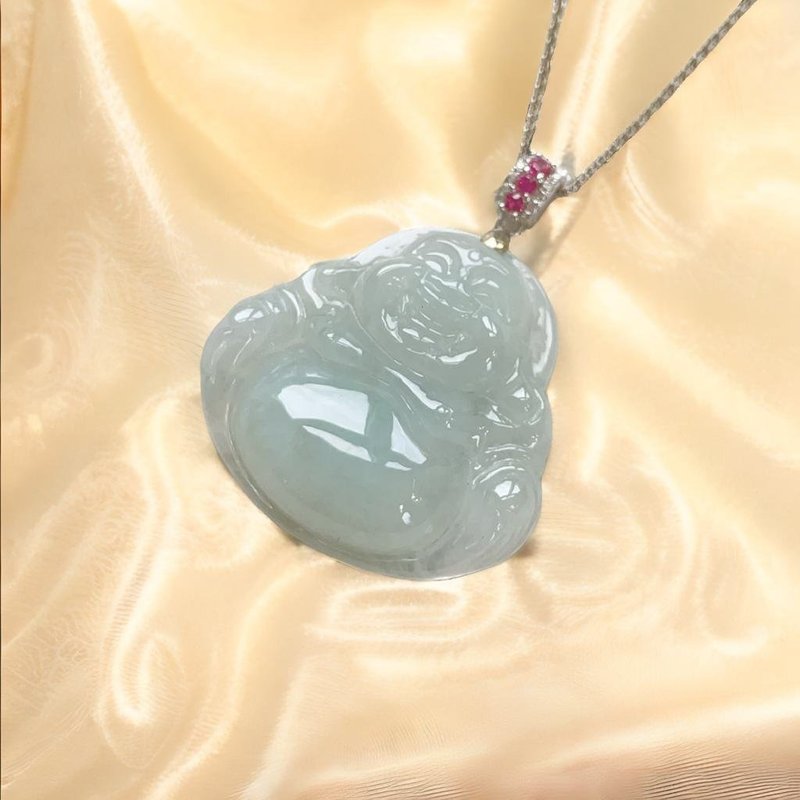 冰糯翡翠彌勒佛925純銀鑲嵌項鍊 | 天然緬甸玉翡翠A貨 | 送禮 - 項鍊 - 玉石 白色