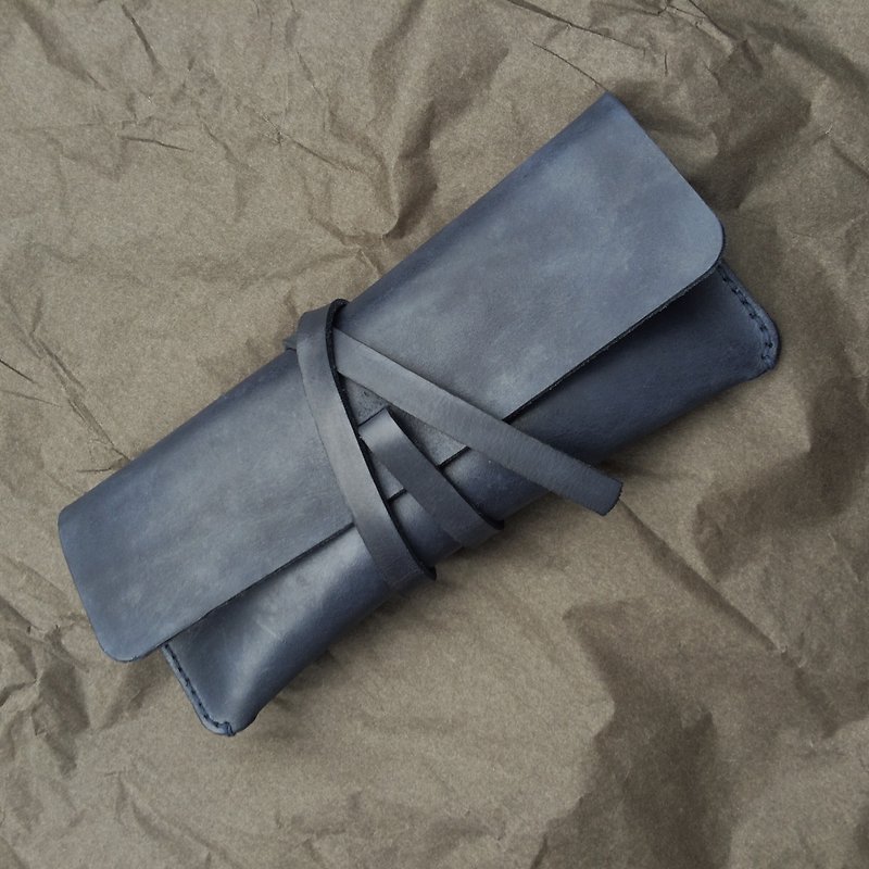 Dark blue-cowhide leather round corner pencil case - กล่องดินสอ/ถุงดินสอ - หนังแท้ 