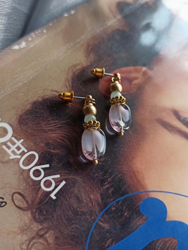 Lilac skirt - natural stone short earrings imported Bronze beads - ต่างหู - ทองแดงทองเหลือง สีม่วง