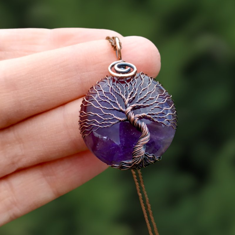 Anniversary Gift: Amethyst Copper Tree Of Life Pendant for Your Loved One - 項鍊 - 寶石 紫色