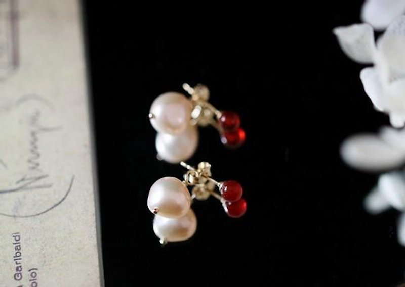 Keshi Pearl and Red Agate Back Catch Earrings January Birthstone - Earrings & Clip-ons - Gemstone Red