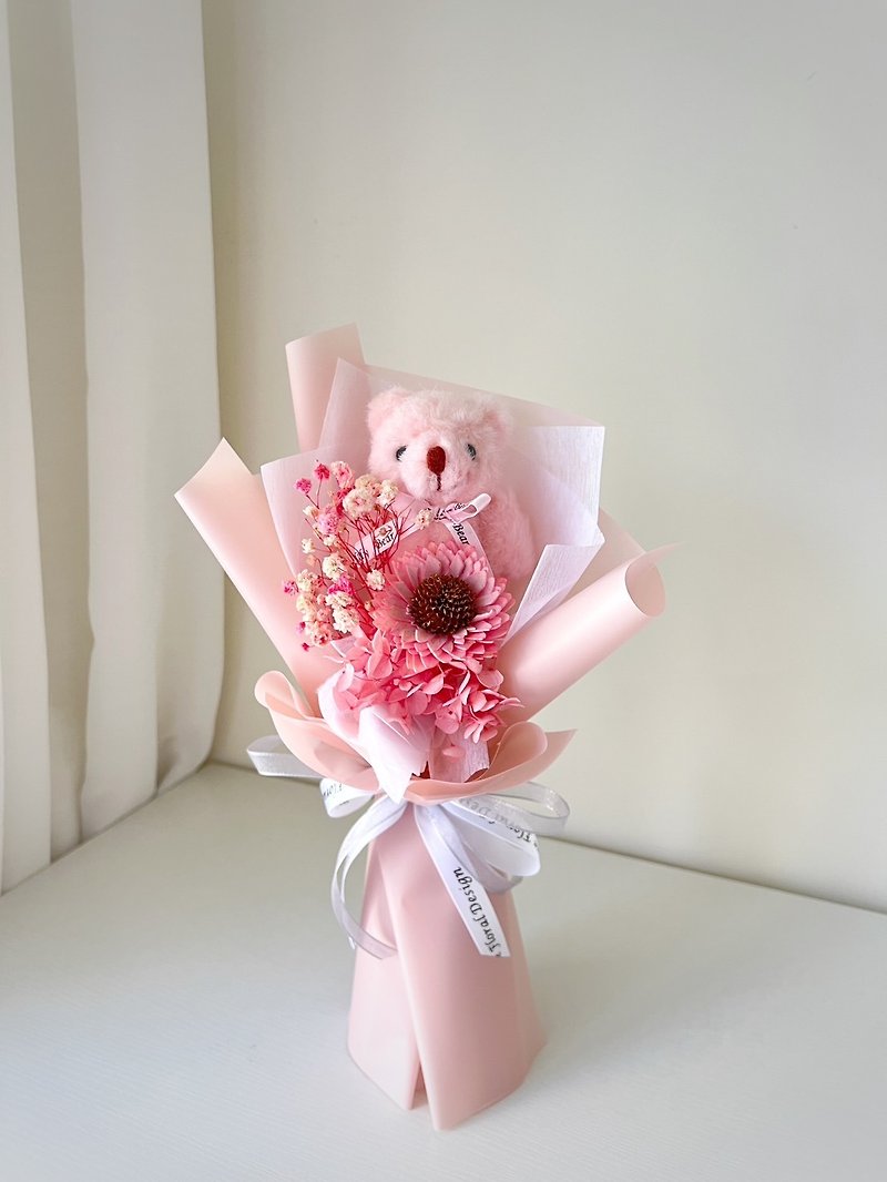 ピンクのテディベアのひまわりの花束 - ドライフラワー・ブーケ - 寄せ植え・花 
