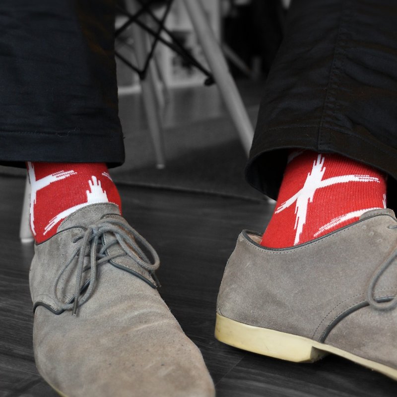 英倫風紳士襪 - Tramway 十字樣式、復古簡約、紅色襪子 - 西裝襪/紳士襪 - 棉．麻 紅色