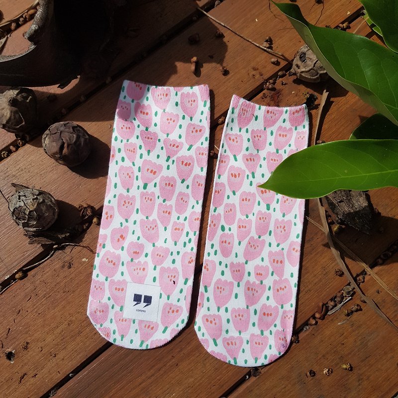 Pink Flower Sock - 襪子 - 棉．麻 粉紅色