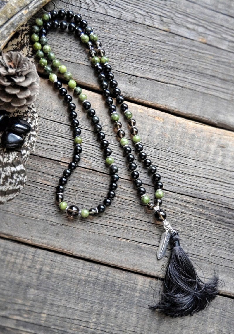 Obsidian 108 Beads Mala with Green Jade, Silver Featur Pendant and Tassel - 項鍊 - 半寶石 黑色