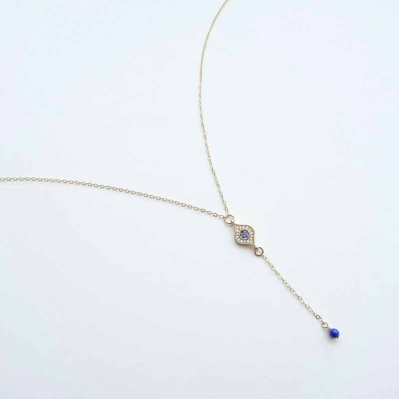 CZ Micro Pave Evil Eye Charm 14K GF Dainty Y Necklace | Mediterranean Eyes - Necklaces - Semi-Precious Stones Blue