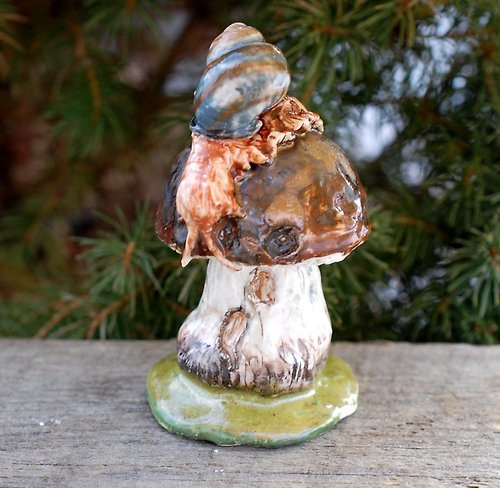 PorcelainShoppe Mushrooms and snail Porcelain figurine Handmade ceramic figurine Fairy style