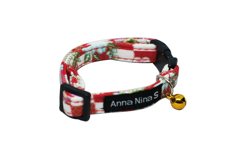[AnnaNina] Pet Cat and Dog Collar Red Checkered Peony Collar XS ~ M - Collars & Leashes - Cotton & Hemp 