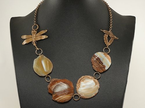 AGATIX Brown Beige Agate Slice Slab Chunky Large Beaded Boho Dragonfly Necklace Jewelry
