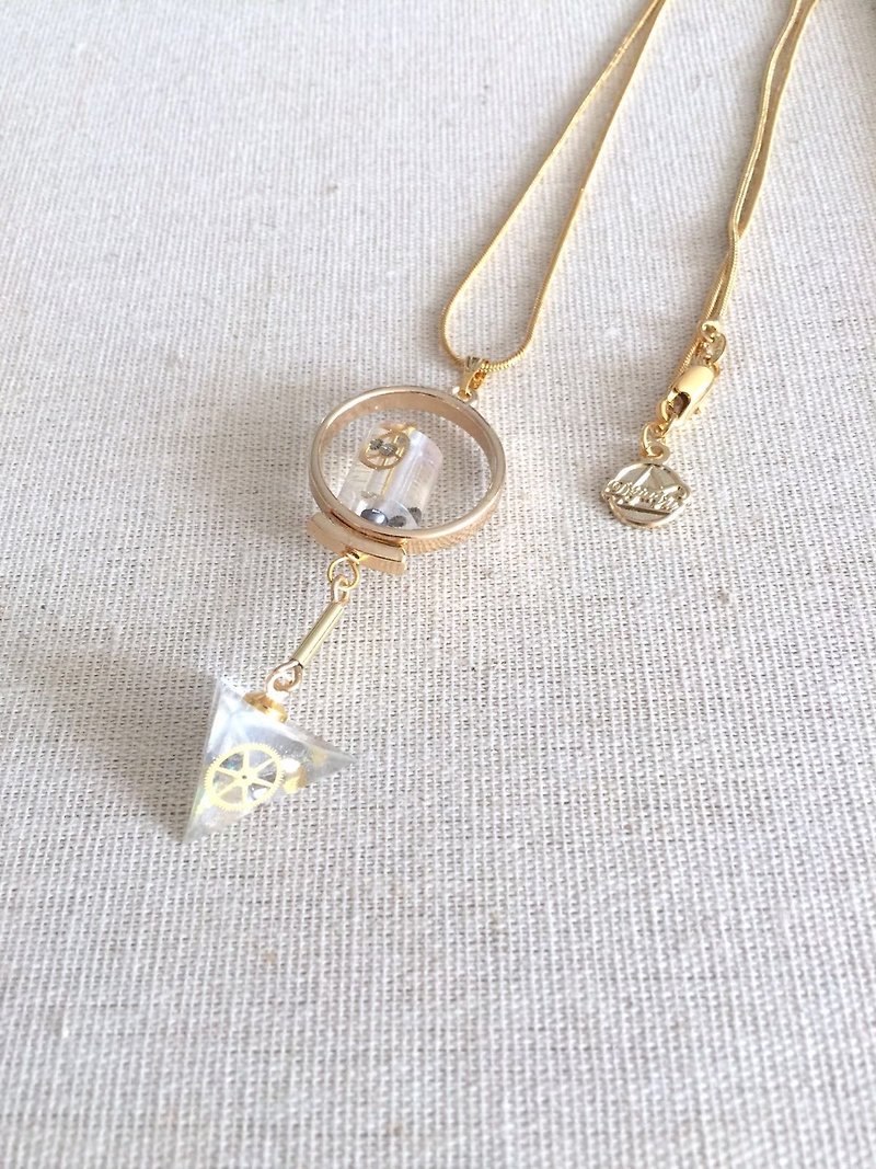 【Steampunk Collection】Geometric 3D gear gem necklace - สร้อยติดคอ - โลหะ สีทอง