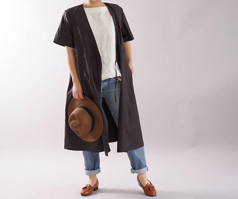 wafu  cache-coeur design dress and coat / cotton / 2 way / brown a5-30 - One Piece Dresses - Cotton & Hemp Brown