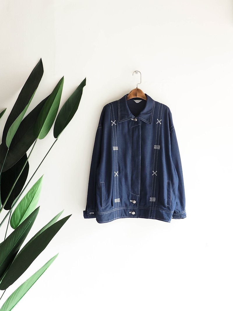 River Hill - Chiba dark blue and blue playful embroidered log antique thin cotton sunscreen coat jacket smock - เสื้อแจ็คเก็ต - เส้นใยสังเคราะห์ สีน้ำเงิน
