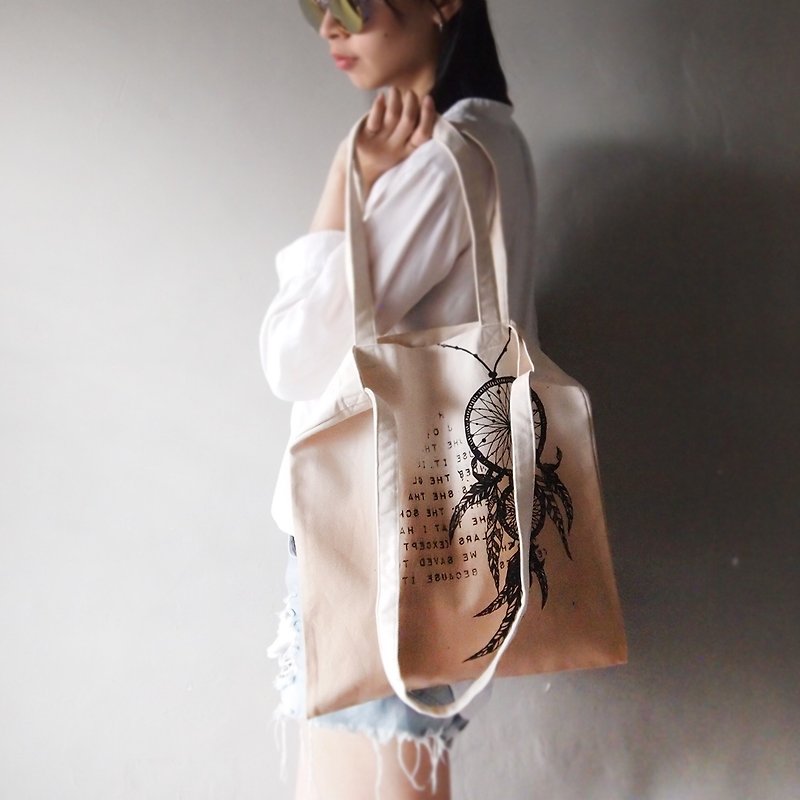 Dreamcatcher \ Indian canvas hand dyed tote bag double back - กระเป๋าแมสเซนเจอร์ - ผ้าฝ้าย/ผ้าลินิน สีนำ้ตาล