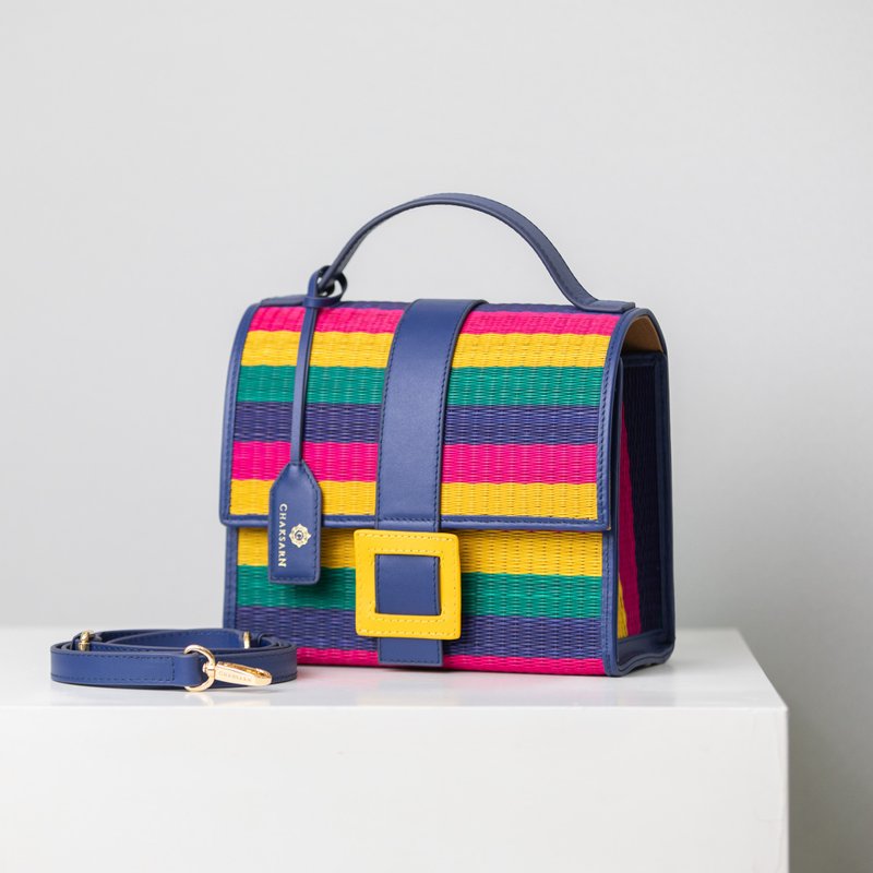 Woven Straw Summer Crossbody Bag in Blue and Rainbow Color - 手提包/手提袋 - 真皮 藍色