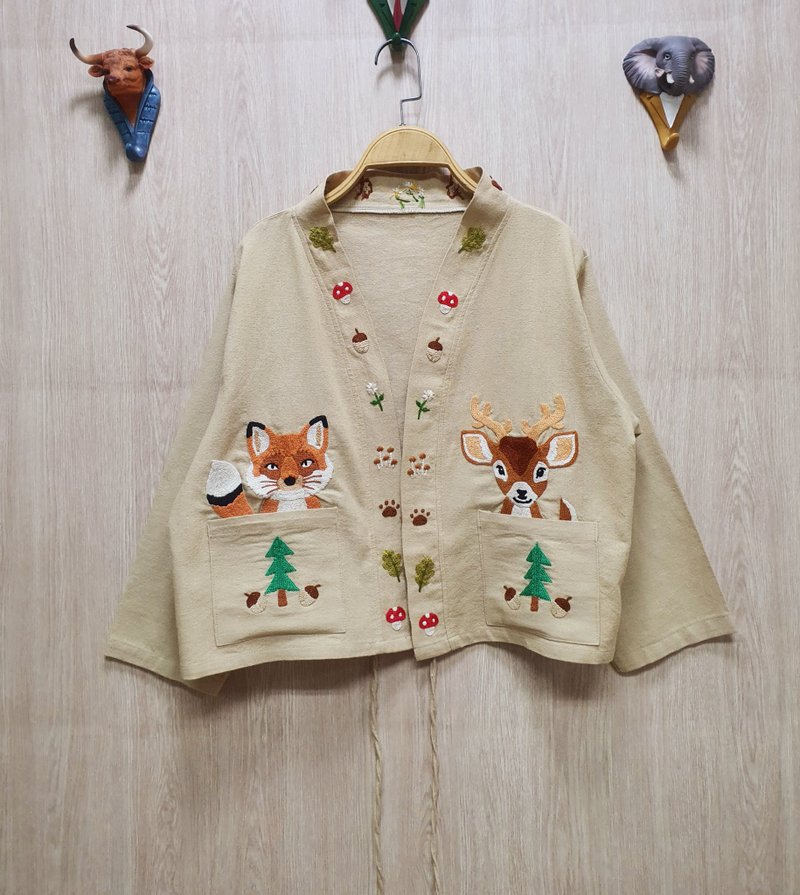 手工刺繡開衫、棉、鹿、狐狸、蘑菇、雛菊 - 女大衣/外套 - 繡線 卡其色