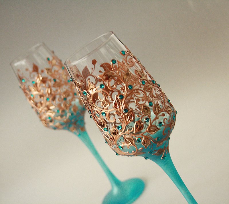 Wine Glasses Wedding Toasting Anniversary Copper Turquoise Floral, Hand painted - 酒杯/酒器 - 玻璃 藍色