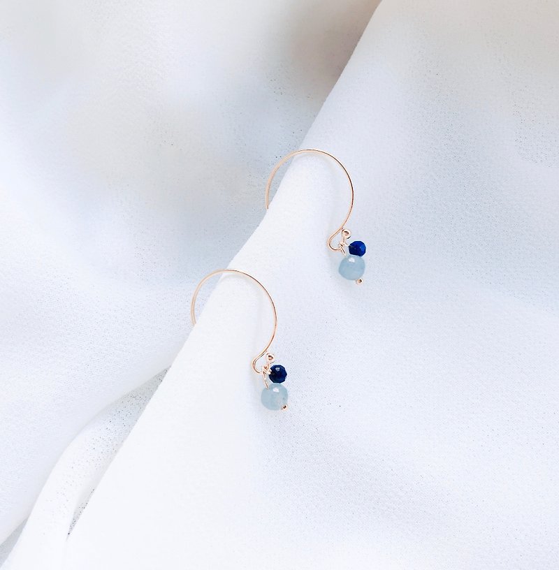 Azure blue eternal 14k bag gold ear hook natural stone earrings - ต่างหู - โลหะ สีทอง