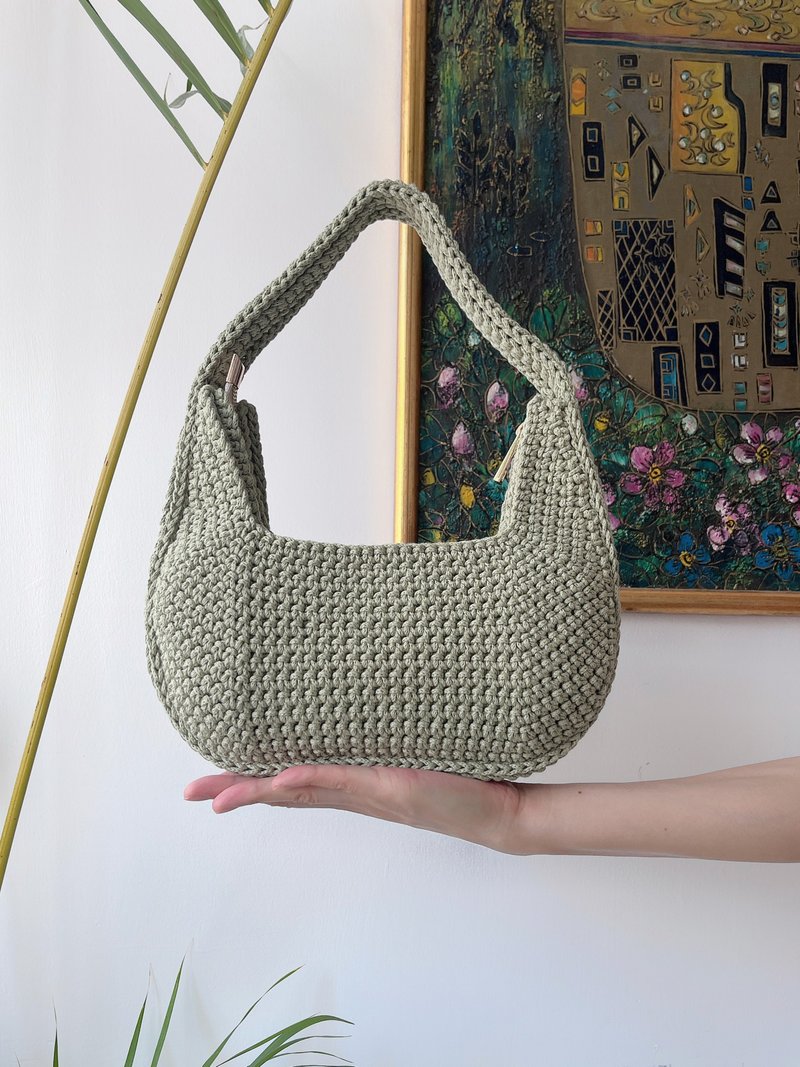 Handmade crochet hobo bags - Avocado green crocheted knit cotton - Handbags & Totes - Cotton & Hemp Green