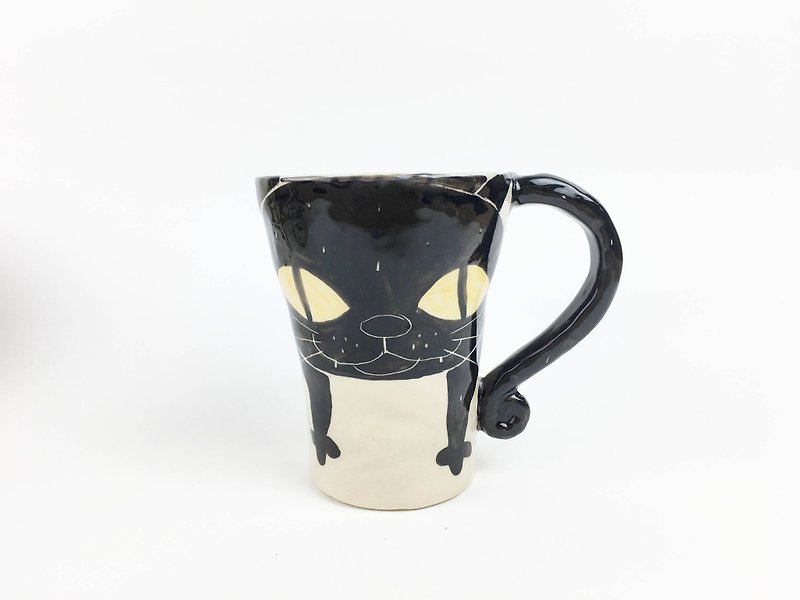 Nice Little Clay hand bell cup _ big black cat 120322 - Mugs - Pottery White