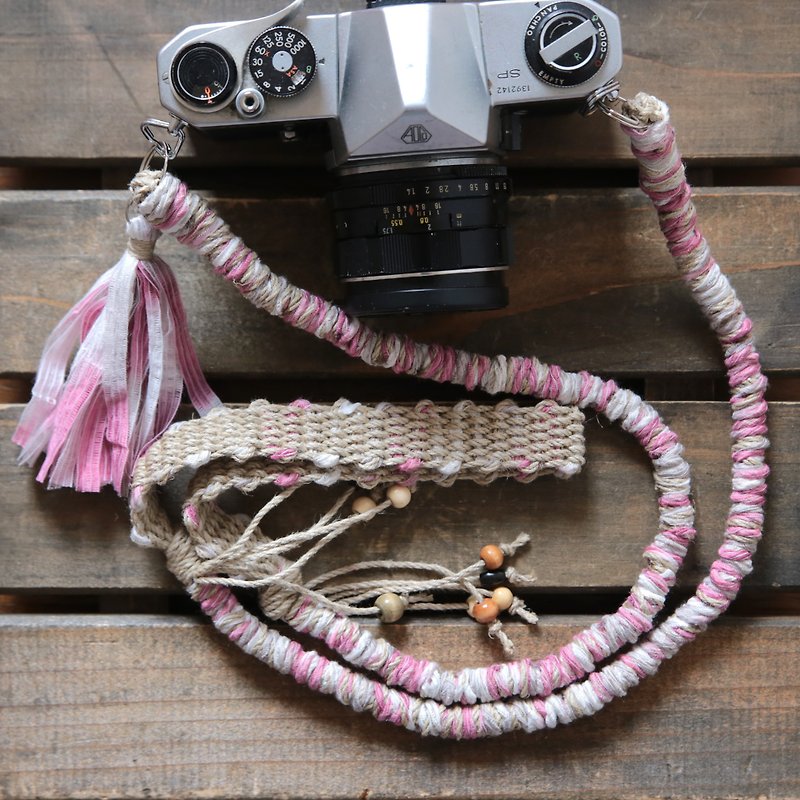 Soki backpack / tape yarn hemp string hemp camera strap dusty pink / double ring - Camera Straps & Stands - Cotton & Hemp Pink