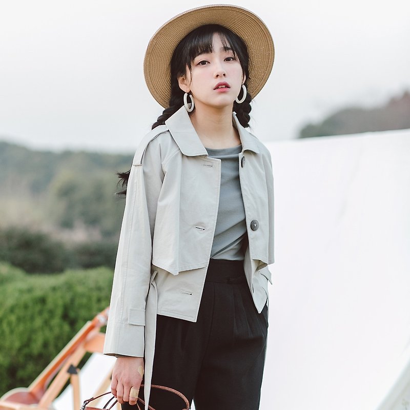 Anne Chen 2018 spring and summer models literary women's shirts solid color short windbreaker jacket YLC8015 - Women's Blazers & Trench Coats - Cotton & Hemp Silver