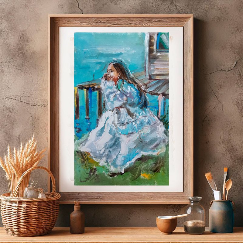 Northern girl oil painting on canvas. Norwegian art, Woman painting - Wall Décor - Other Materials Gray