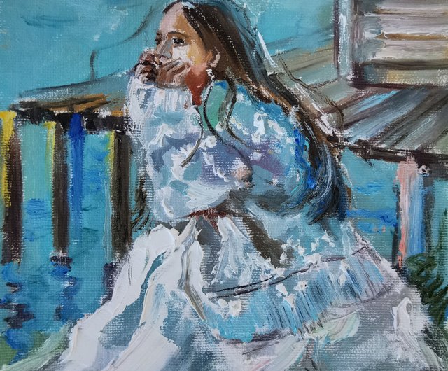 キャンバスに描かれた北の少女の油絵。ノルウェーの芸術、女性の絵画